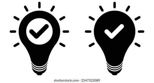 Print Black Bulb with Checkmark, a Modern Design Element isolated on white background. Bulb checkmark icon illustration.