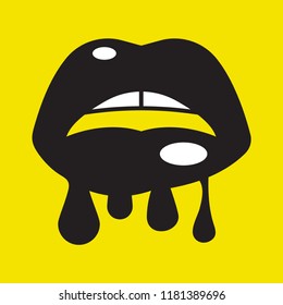 Print black lips with flowing paint, vector design element
