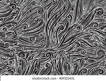print, black and white seamless pattern of abstract curls, wave, spiral, doodle, ringlets. Vector illustration