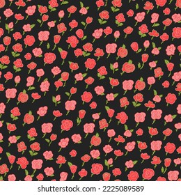 Print with blooming roses. Vector seamless floral pattern. Floral design for fashionable prints. On a black background.