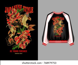 A print for a bomber  with embroidery of Japanese carp koi and peony flowers. Patches are embroidered with sequins and beads. Vector illustration.