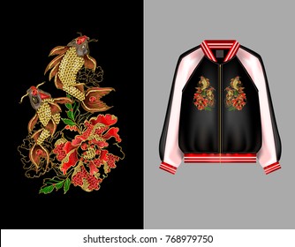A print for a bomber or a sweatshit with embroidery of Japanese carp koi and peony flowers. Patches are embroidered with sequins and beads. Vector illustration.