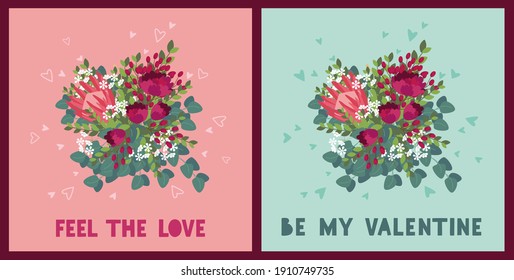 Print with a bouquet and a message. Set Valentine's Day greeting cards. Be my valentine. Feel the love. Invitation, greeting card, avatar in social networks. Seamless flowers pattern. 14 February.