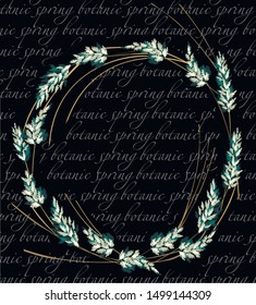 Print with Bright botanic wheat plant, grass in circle,anadem.