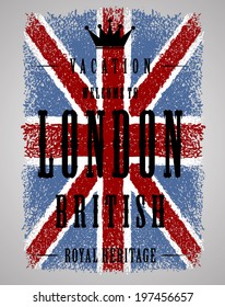 PRINT british GRUNGE flag with vacation to london text