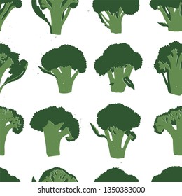 Print with Broccoli. Linocut style illustration with vegetables. Seamless pattern. Vegan Background.