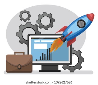 Print business brifcase in front of gears rocket on fire on white background vector illustration