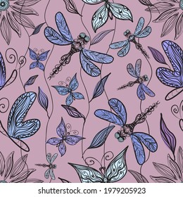 Print with butterflies and dragonflies. Seamless pattern for fabric. Delicate colors.