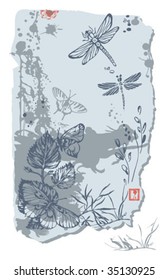 print with butterfly and dragonfly