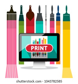 Print Button on Screen with Colorful Brushes on Background