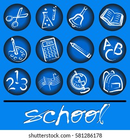 Print button signs of communication icons on white school blue