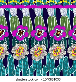 Print cacti, and flowers, evenly distributed, bright and natural.