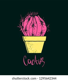 Print with a cactus in a flower pot. Hand drawn illustration with houseplant. 