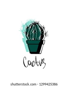 Print with a cactus in a flower pot. Hand drawn illustration with potted plant. 