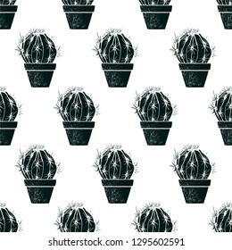 Print with cactus.  Hand drawn seamless pattern, texture, fabric with indoor plant.