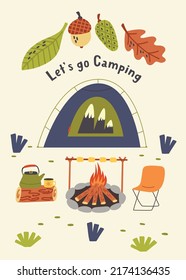 Print camping with a tent by the fire. Hiking, Camping. Adventure nature poster for nursery room. Children design card vector doodle naive art illustration