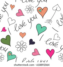 Print card, cloth, clothing, textile, fabric, gift, banner, poster, greeting, invitation. Seamless hearts pattern in green, violet and pink colors. Creative Valentine style seamless pattern on a white