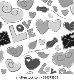 Print card, cloth, clothing, wrapping, fabric, gift, banner, poster, greeting, invitation. Seamless hearts pattern in gray colors. Creative Valentine style seamless pattern on a white.