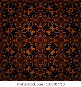 Print card, cloth, shirts, dress, wrapper, cover. Geometrical simple vector art. Random geometric shapes seamless pattern in orange, black and brown colors. Creative, luxury style.