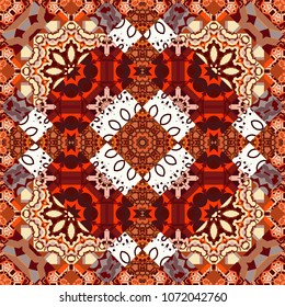 Print card, cloth, shirts, dress, wrapper, cover. Geometrical simple vector art. Random geometric shapes seamless pattern in brown, orange and red colors. Creative, luxury style.