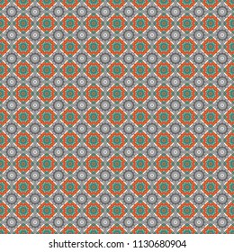 Print card, cloth, shirts, dress, wrapper, cover. Random geometric shapes seamless pattern in green, gray and orange colors. Geometrical simple vector art. Creative, luxury style.