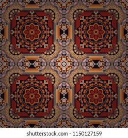 Print card, cloth, shirts, dress, wrapper, cover. Creative, luxury style. Random geometric shapes seamless pattern in orange, brown and gray colors. Geometrical simple vector art.