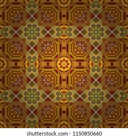 Print card, cloth, shirts, dress, wrapper, cover. Creative, luxury style. Random geometric shapes seamless pattern in red, brown and yellow colors. Geometrical simple vector art.