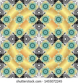 Print card, cloth, shirts, dress, wrapper, cover. Random geometric shapes seamless pattern in beige, blue and gray colors. Geometrical simple vector art. Creative, luxury style.