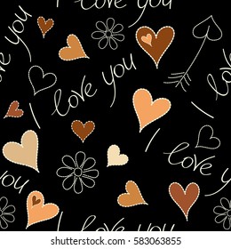 Print card, cloth, wrapper, cover, gift, banner, poster, greeting, invitation. Seamless Valentines day pattern with vector hearts in yellow, brown and beige colors. Creative, luxury style on a black.