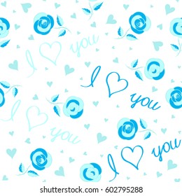 Print card, cloth, wrapper, cover, gift, banner, poster, greeting, invitation. Seamless Valentines day pattern with vector hearts in blue colors. Creative, luxury style on a white.