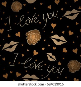 Print card, cloth, wrapper, cover, gift, banner, poster, greeting, invitation. Seamless Valentines day pattern with vector hearts in beige and orange colors. Creative, luxury style on a black.
