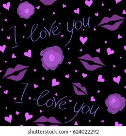 Print card, cloth, wrapper, cover, gift, banner, poster, greeting, invitation. Seamless Valentines day pattern with vector hearts in violet and purple colors. Creative, luxury style on a black.