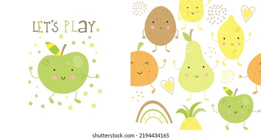 Tarjeta de impresión y Apple verde de patrón sin foco para textiles de tela para niños. Colección de frutas. Ilustración del vector