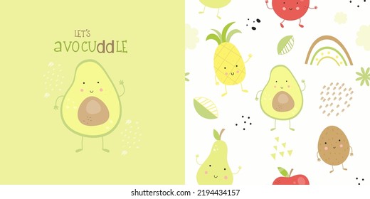 Print Card and Seamless Pattern for kids fabric textile – cute Avocado. Fruits collection. Vector illustration