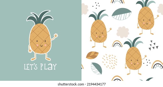 Print Card and Seamless Pattern Pineapple for kids fabric textile. Fruit collection. Vector illustration