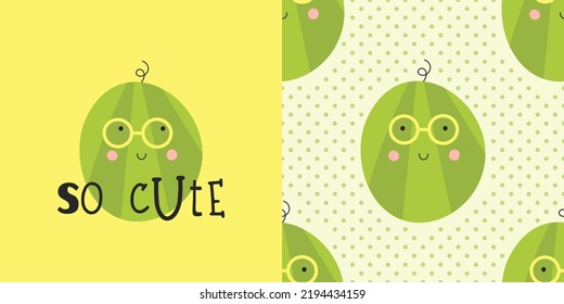 Print Card and Seamless Pattern Watermelon for kids fabric textile. Fruits collection. Vector illustration
