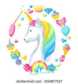 Print or card with unicorn and fantasy items.