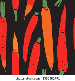 Print with Carrot. Linocut style illustration with vegetables. Seamless pattern. Vegan Background.