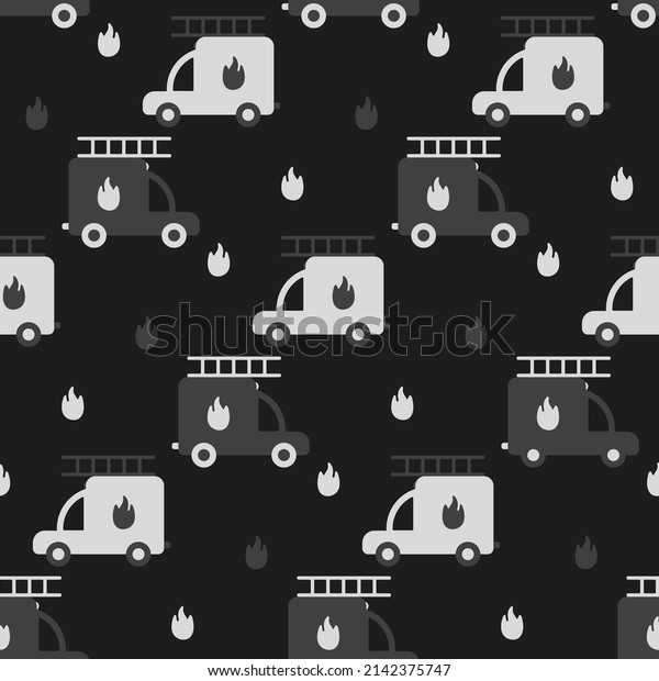 Print with cars firefighters. Pattern with fire\
engines for nice design of children\'s jackets. Childish monochrome\
seamless texture with cartoon transport for nursery design. Fire\
truck for baby boys.