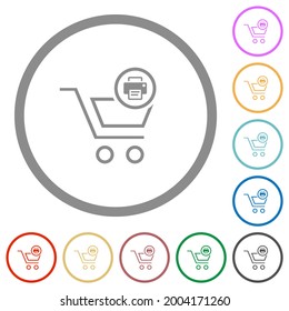 Print cart items flat color icons in round outlines on white background