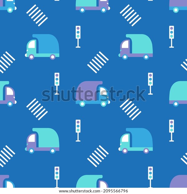 Print with cartoon cars. Blue ornament with\
trucks for design of baby boy\'s room. Seamless nursery wallpaper.\
Vector flat illustration for kids. Dump trucks in background of\
stoplight and\
crosswalks.