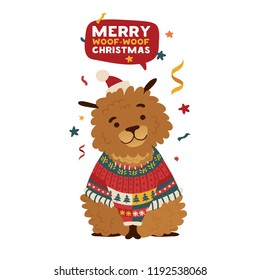 Print cartoon dog in a christmas hat and warm sweater. The poster design is "Merry Christmas" with a cheerful doggy for happy holiday. Template for a cute new year card with with confetti. Vector.