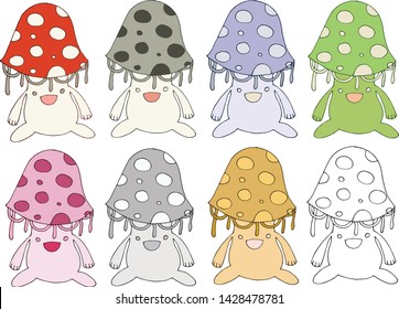 Print cartoon doodle Amanita monster color set hand draw