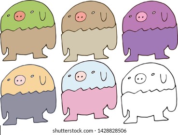 Print cartoon doodle color pig set hand draw monsters funny