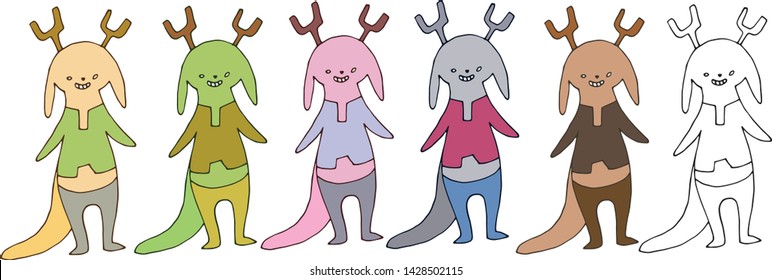Print cartoon doodle color set deer monster hand draw happy
