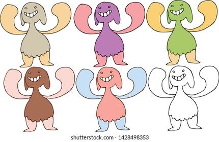 Print cartoon doodle happy champion monsters set color hand draw