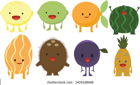 Print cartoon doodles summer color set citrus fruit flat 