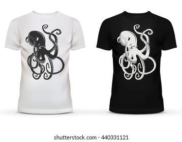 Print of cartoon octopus with tentacles on sportswear or casualwear unisex or men black, and white cotton t-shirt with short sleeve and u-neck collar for adult or teenager usage