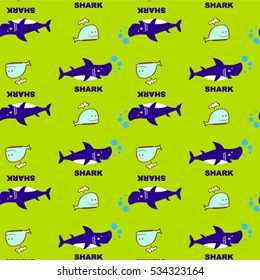 Print with cartoon sharks on green background. Vector pattern