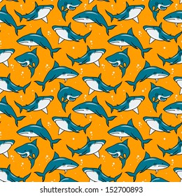 Print with cartoon sharks on orange background. Vector seamless pattern.